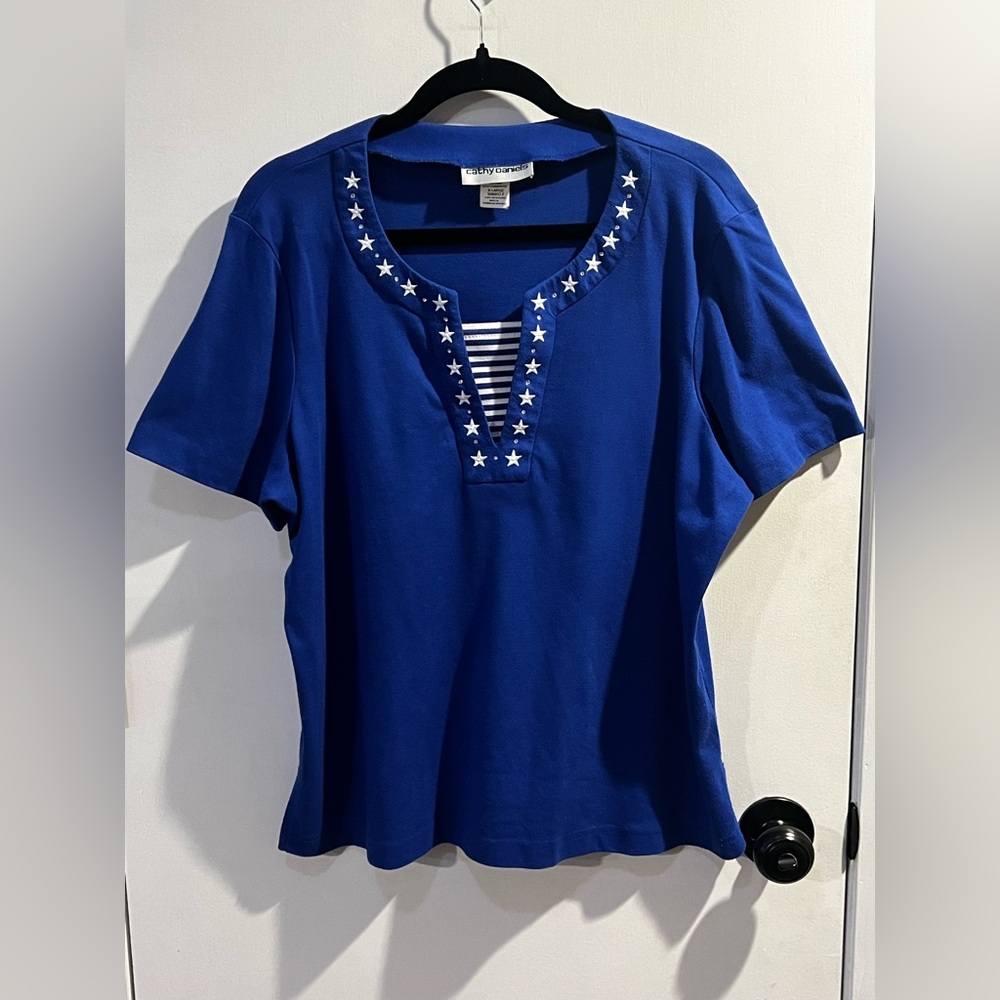 Cathy Daniels Blue Short-Sleeve Top with Star Trim